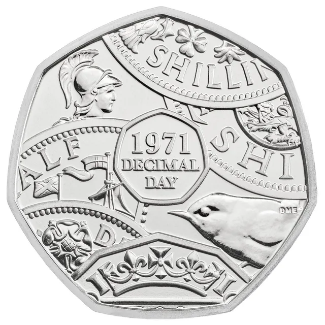 Overlapping pre-decimal coins around a seven-sided outline holding the words 1971 DECIMAL DAY