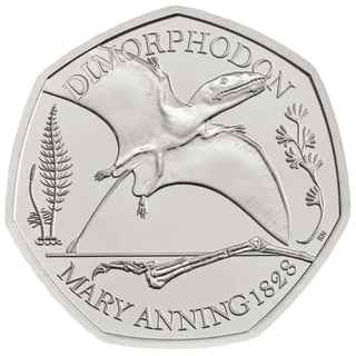 Dimorphodon pterosaur with wings spread across the coin, DIMORPHODON above and MARY ANNING below