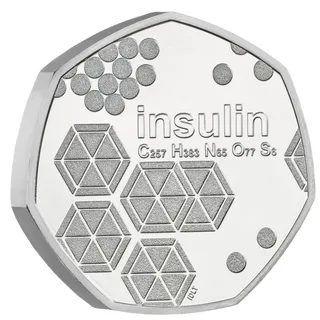 Crystal structure of insulin filling the coin, with the word insulin and its molecular formula
