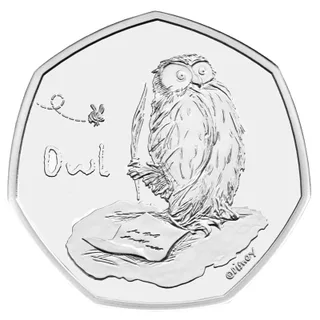 Owl from Winnie the Pooh holding a feather quill beside a letter, with his name and a bee to his left
