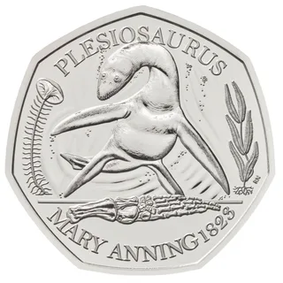 Plesiosaurus reconstruction with its teeth visible, PLESIOSAURUS above and MARY ANNING and a date below