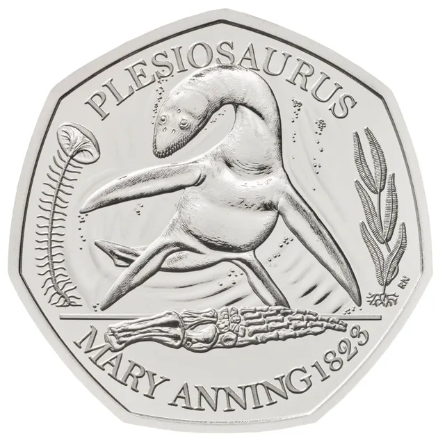 Plesiosaurus reconstruction with its teeth visible, PLESIOSAURUS above and MARY ANNING and a date below