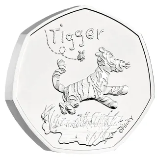 Tigger from Winnie the Pooh bouncing over long grass, with a bee and his name above him