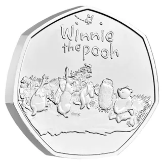 Winnie the Pooh with Piglet, Owl, Eeyore, Rabbit, Tigger, Kanga and Roo below the title and a bee