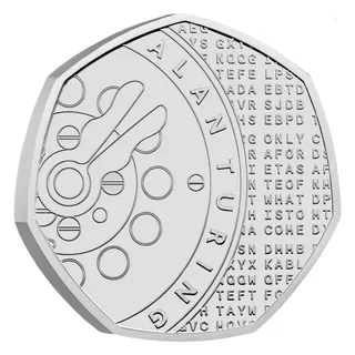 Cogwheel over a background of Enigma-style code letters, with the inscription ALAN TURING