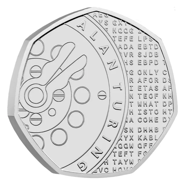 Cogwheel over a background of Enigma-style code letters, with the inscription ALAN TURING