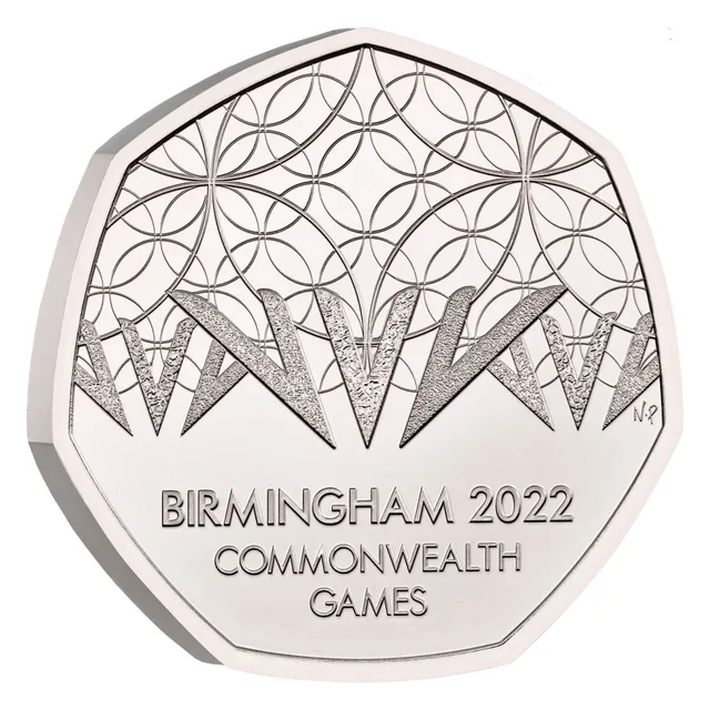 Commonwealth Sport symbol on the Library of Birmingham's geometric pattern, with BIRMINGHAM 2022 COMMONWEALTH GAMES