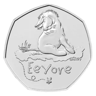 Eeyore the old grey donkey sitting with his tail attached, with his name and a bee below him