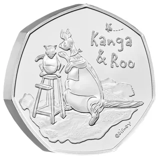 Kanga feeding her son Roo in a high chair, with a bee and the names Kanga & Roo at the upper right