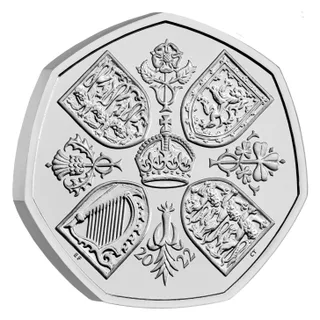 A crown surrounded by four shields in a cross, with a rose, thistle, shamrock and leek between them, and 2022