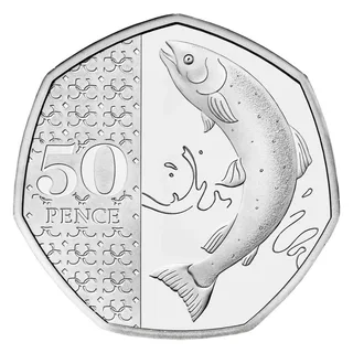 An Atlantic salmon leaping from the water, with 50 PENCE over a pattern of interlinked C letters at the left