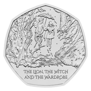 Mr Tumnus with an umbrella and parcels walking arm in arm with Lucy through snowy woods, with the book title