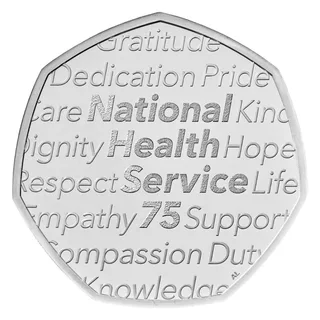 Lines of words describing the NHS, from GRATITUDE to KNOWLEDGE, with the number seventy-five among them