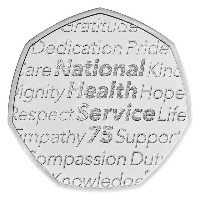 Lines of words describing the NHS, from GRATITUDE to KNOWLEDGE, with the number seventy-five among them