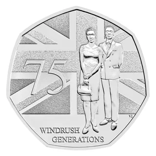 A Caribbean man and woman before the Union Flag, the anniversary number to their left, WINDRUSH GENERATIONS below