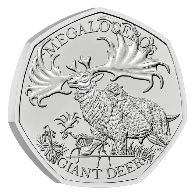 Giant deer with huge antlers above its skeleton, MEGALOCEROS above and GIANT DEER below