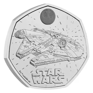 The Millennium Falcon flying through space beneath a lenticular panel, with the STAR WARS logo in two lines below