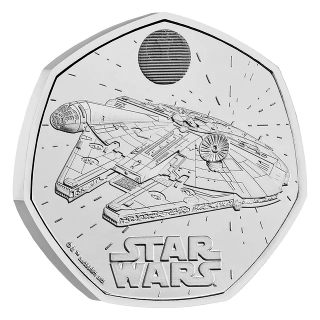 The Millennium Falcon flying through space beneath a lenticular panel, with the STAR WARS logo in two lines below
