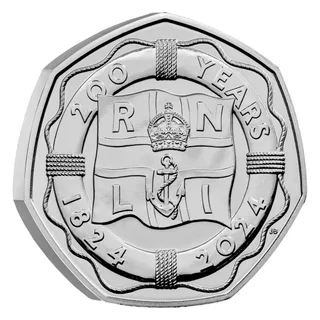 RNLI flag with RN over LI inside a roped life ring, anniversary wording above and the two anniversary dates below