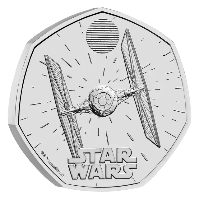 A TIE Fighter flying through space beneath a lenticular panel, with the STAR WARS logo in two lines below
