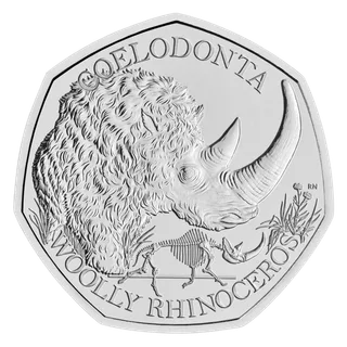 Woolly rhinoceros with its skeleton in front, COELODONTA above and WOOLLY RHINOCEROS below