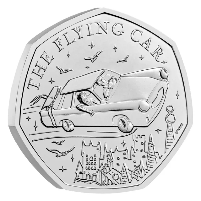 Flying Ford Anglia carrying Harry and Ron over countryside and Hogwarts, THE FLYING CAR above