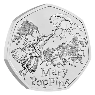 Mary Poppins flying over rooftops with her umbrella in one hand and carpet bag in the other, her name below