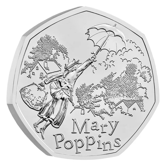 Mary Poppins flying over rooftops with her umbrella in one hand and carpet bag in the other, her name below