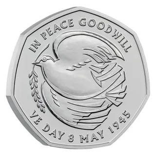 A large dove of peace facing left with an olive branch in its beak, IN PEACE GOODWILL and VE DAY 8 MAY 1945