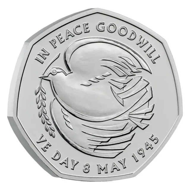 A large dove of peace facing left with an olive branch in its beak, IN PEACE GOODWILL and VE DAY 8 MAY 1945