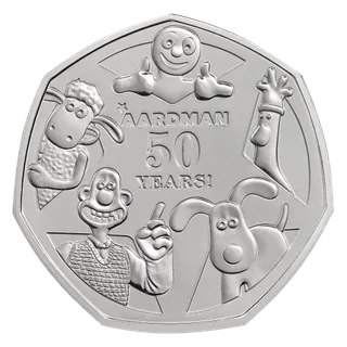 Morph, Feathers McGraw, Gromit, Wallace and Shaun the Sheep around the central AARDMAN 50 YEARS! logo