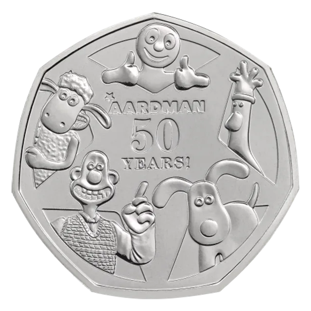 Morph, Feathers McGraw, Gromit, Wallace and Shaun the Sheep around the central AARDMAN 50 YEARS! logo