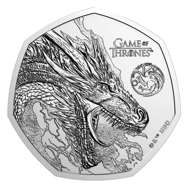 The dragon Drogon breathing fire beside the House Targaryen banner, with GAME OF THRONES lettering