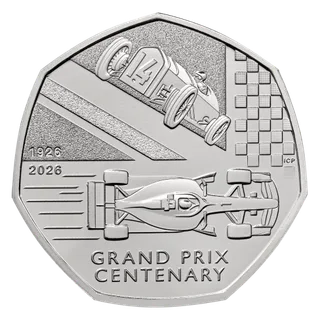 A historic racing car above a modern Formula 1 car, with the Union Flag, a chequered flag and GRAND PRIX CENTENARY