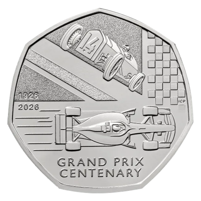 A historic racing car above a modern Formula 1 car, with the Union Flag, a chequered flag and GRAND PRIX CENTENARY