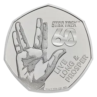 A raised hand making the Vulcan salute, with STAR TREK above a large sixty and LIVE LONG & PROSPER at the lower right