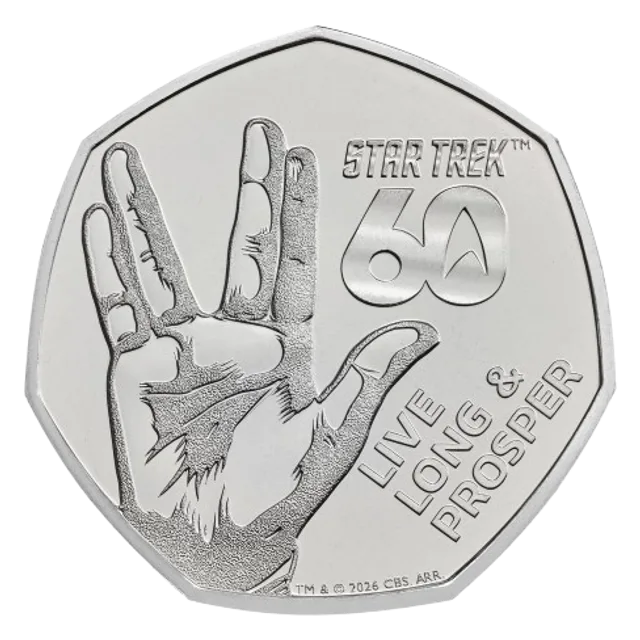 A raised hand making the Vulcan salute, with STAR TREK above a large sixty and LIVE LONG & PROSPER at the lower right