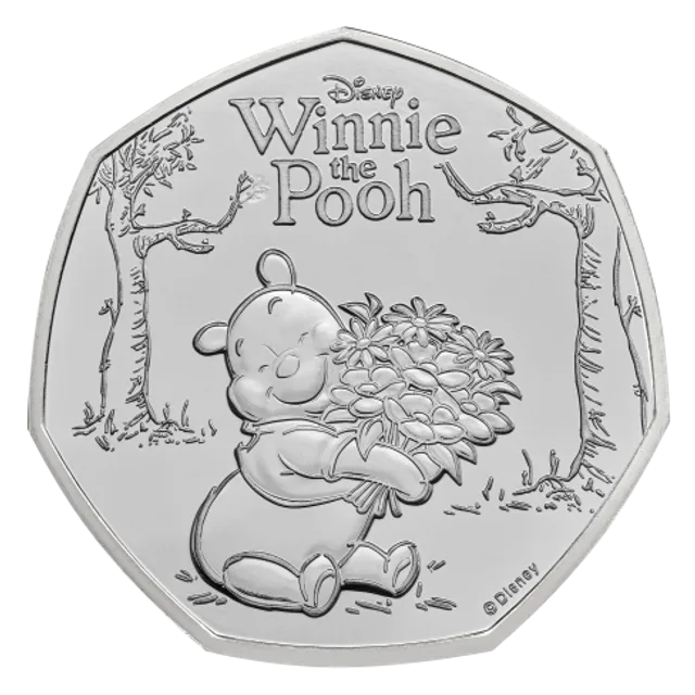 Winnie the Pooh holding a bouquet of flowers among trees, beneath the Disney Winnie the Pooh logo