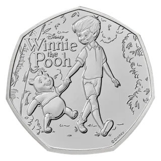 Christopher Robin and Winnie the Pooh walking hand in hand among trees, Disney Winnie the Pooh logo at upper left