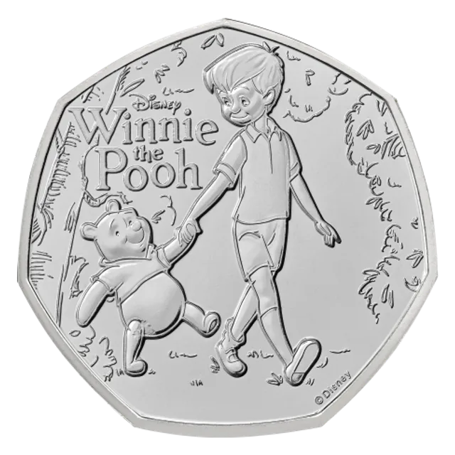 Christopher Robin and Winnie the Pooh walking hand in hand among trees, Disney Winnie the Pooh logo at upper left