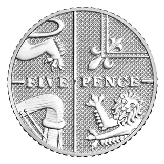 Centre of the Royal Shield of Arms where its four quarters meet, with FIVE PENCE straight across the middle